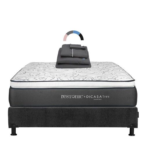 Colchón Matrimonial Restonic Trini Gris Carbón+ Box+ Sabanas Royal RGH