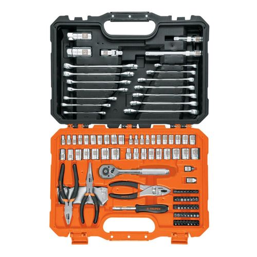 AM3K ofrece juego de 119 herramientas SET‑124 Truper, con dados ¼" y 3⁄8", estuche rígido, pinzas y llaves en acero Cr‑V, ideal para mecánica general.