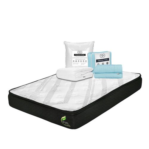 Colchón Queen Size Restonic Enzo + Protector de colchón Trinity + Sábanas Trinity Azul Cielo TRY