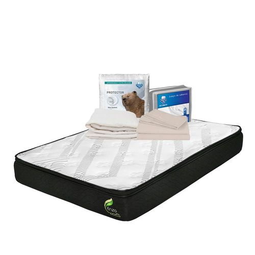 Colchón Queen Size Restonic Enzo + Protector de colchón Ultra + Sábanas Basic Crema TRY
