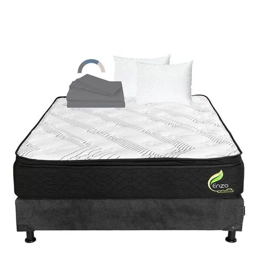 Colchón Queen Size Restonic Enzo Gris Carbón+ Box+ Almohada Oso 2+ Sabanas Basic RGH
