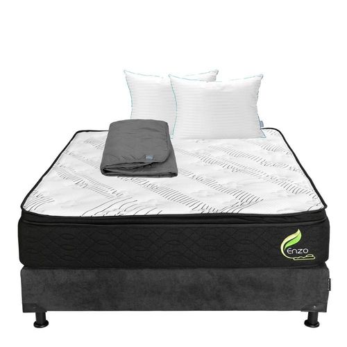 Colchón Queen Size Restonic Enzo Gris Carbón+ Box+ Almohada Royal Twin+ Protector Lux RGH