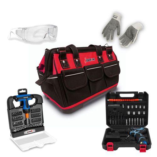 Kit de Herramientas: Taladro, Maleta, Lentes, Guantes y Set de Desarmadores Silverline – Completo y Profesional