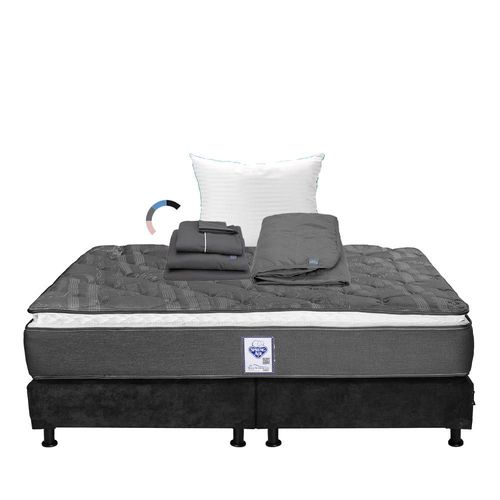 Colchón King Size Spring Air Aries + Box Gris Carbón + Almohada Royal + Protector Lux + Juego de Sábanas Royal Gris Oxford RGH