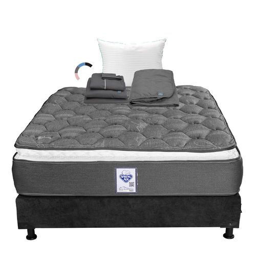 Colchón Queen Size Spring Air Aries + Box Gris Carbón + Almohada Royal + Protector Lux + Juego de Sábanas Royal Gris Oxford RGH