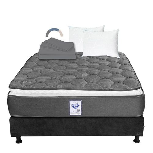 Colchón Queen Size Spring Air Aries + Box Gris Carbón + 2 Almohadas Osos + Juego de Sábanas Basic Grey RGH
