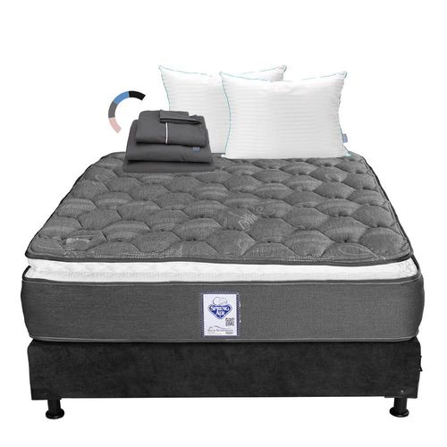 Colchón Queen Size Spring Air Aries + Box Gris Carbón + Almohada Royal Twin + Juego de Sábanas Royal Gris Oxford RGH