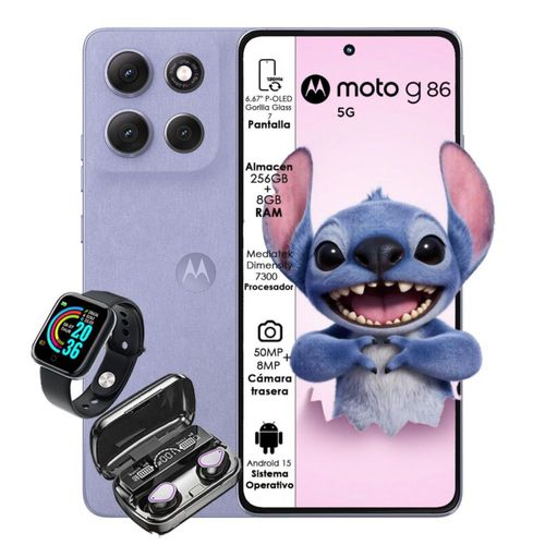 Moto G86 5G 256GB 8GB RAM Lila con Audífono Bluetooth y Smartwatch