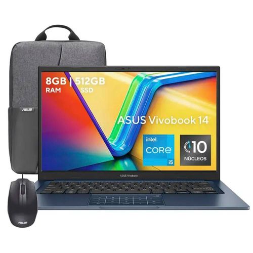 Laptop Asus Vivobook Core I5 1334U 512Gb 8Gb Ddr4 14" W11H Inc/Mochila/Mouse Azul F1404Va-Nk1054W 90Nb10I1-M019C0