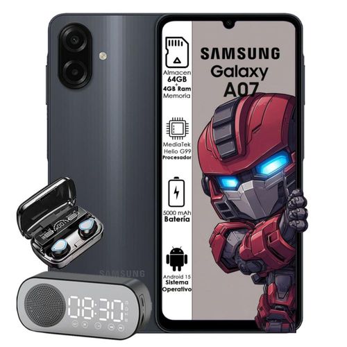 Samsung Galaxy A07 64GB 4GB RAM Dual sim Negro con Audífonos inalámbricos y Bocina