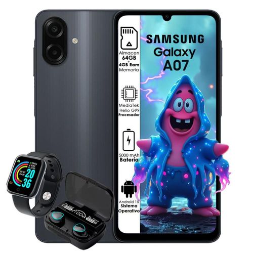 Samsung Galaxy A07 64GB 4GB RAM Dual sim Negro con Smartwatch y Audífonos inalámbricos