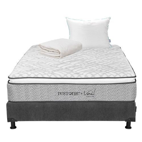 Colchon Matrimonial Restonic Vail Gris+ Box+ Almohada Royal+ Protector Ultra RGH