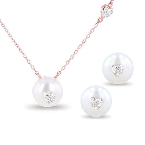 JUEGO DE GARGANTILLA Y BROQUELES DE CORAZON ORO ROSA 14K CON PERLA Y 4PTS DE DIAMANTE