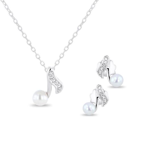 JUEGO DE DIJE CON CADENA Y BROQUELES DE NOTA MUSICAL ORO BLANCO 14K CON PERLA Y 3PTS DE DIAMANTE