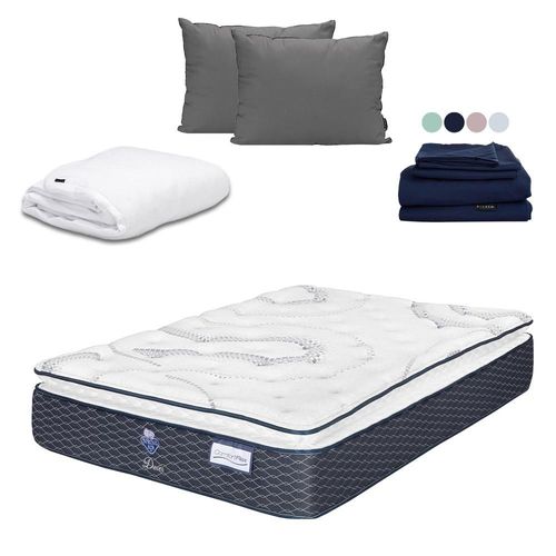 Colchon King Size Spring Air Dover Azul+ Almohada 2Pack+ Protector Cloud+ Sabanas Softy CDZ
