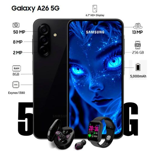 Celular Samsung Galaxy A26 5G 256GB 8GB RAM Negro Dual sim 6.7″ Super AMOLED con Audífonos Bluetooth y Smartwatch