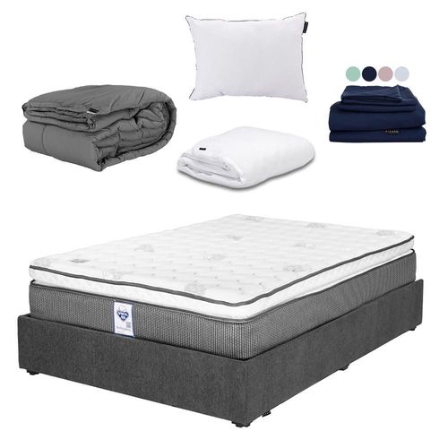 Colchón Queen Size Phantom Spring Air Gris Carbon+ Base Cama+ Almohada One+ Protector Cloud+ Sabanas Softy+ Edredon Homy RGH