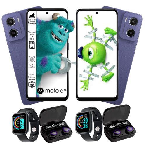 Combo 2 Moto E15 Morados 64GB 2GB RAM Dual sim + Smartwatch + Audífonos inalámbricos