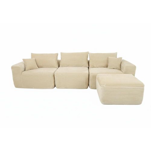 Ilios Innova | Sala Modular Catania de 4 Piezas, Espuma de Alta Densidad, Tela Chenille Acanalada Beige, Diseño Minimalista Configurable con Taburete