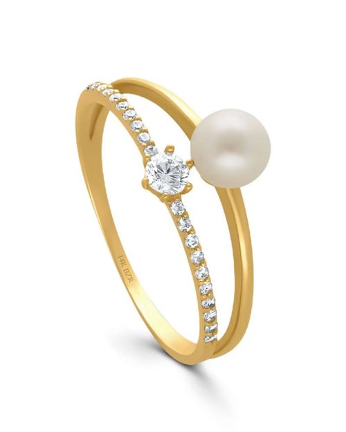 Anillo De Oro Amarillo 14K Con Zirconia Y Perla KR0626