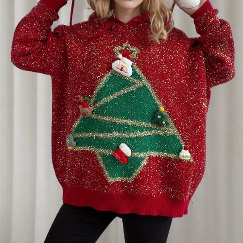 Jersey con capucha de árbol de Navidad, nueva chaqueta de punto holgada de otoño e invierno.HOGAWAY