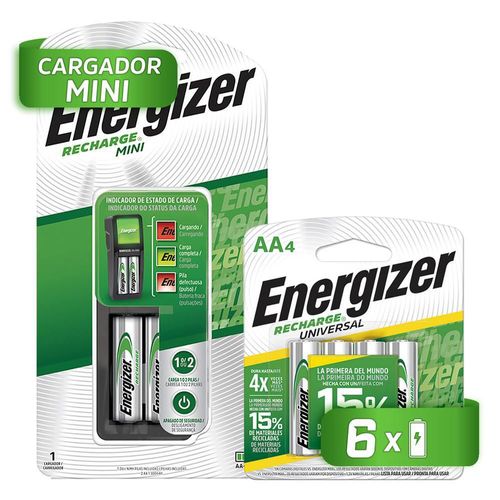Cargador de pilas energizer mini + 4 pilas recargables aa