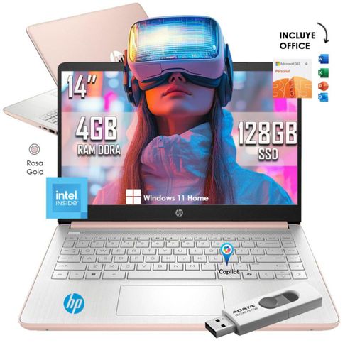 Laptop HP 14-DQ6015DX Intel N150 128GB 4GB RAM Rose Gold Windows 11 + Office incluido + USB 64GB