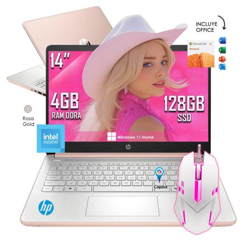 Laptop HP 14-dq6015dx Intel N150 4GB RAM 128GB SSD Rose Gold Windows 11 + Office incluido + Mouse