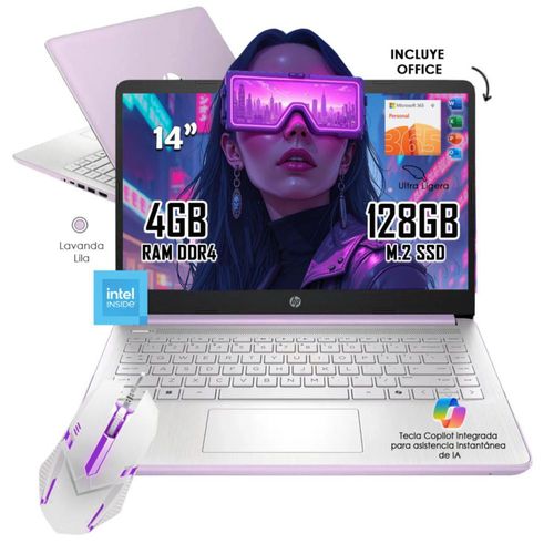 Laptop HP 14-dq6014dx Intel N150 4GB RAM 128GB SSD Lavanda Windows 11 + Office incluido + Mouse