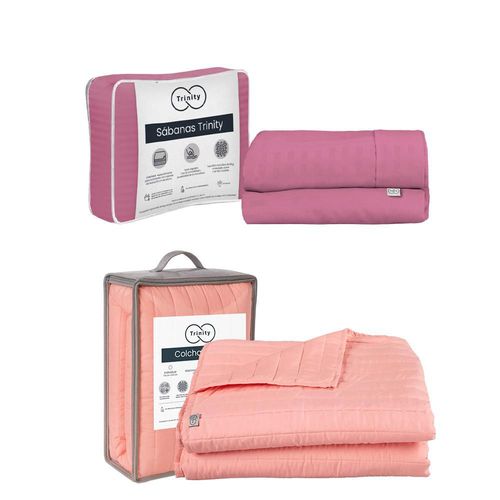 Colcha Acabado ultrasonico Individual Trinity Rosa+ Sabanas Trinity Palo de Rosa RGH