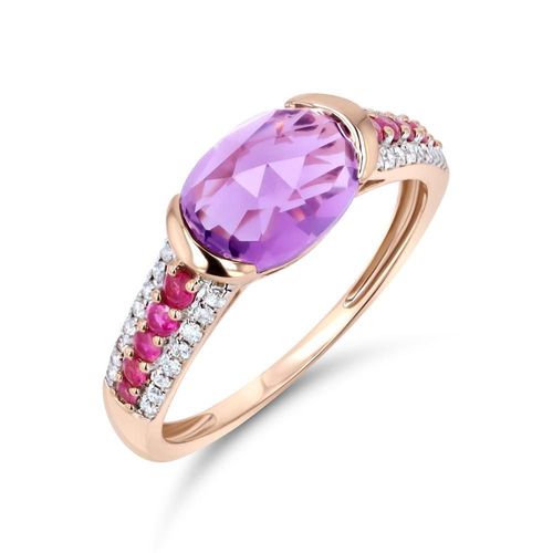 Anillo De Oro Rosa 14K Con 14Pts De Diamante Amatista Y Ruby