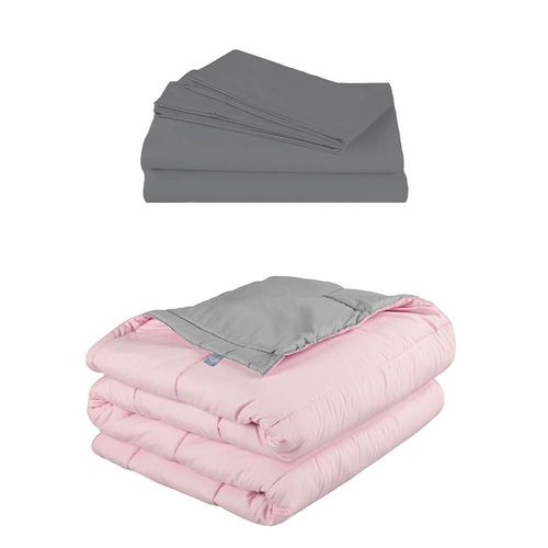 Edredon dos vistas Individual Rogga Rosa-Gris+ Sabanas Basic Gris RGH