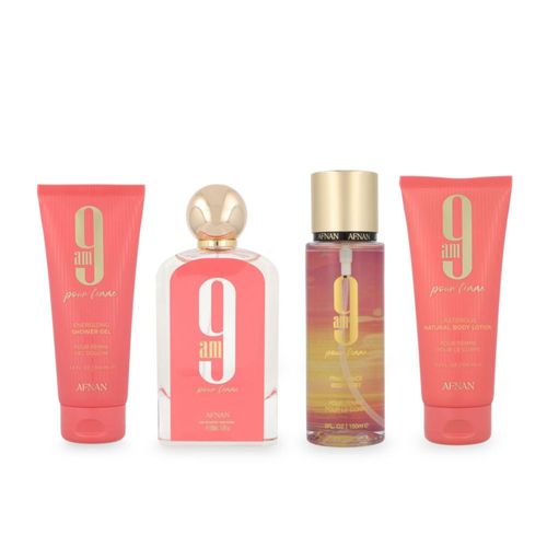 SET AFNAN 9AM POUR FEMME 4PZS 100ML EDP SPRAY/ SHOWER GEL 100ML/ BODY MIST 150ML SPRAY/ BODY LOTION 100ML