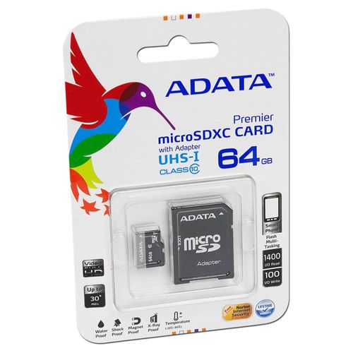 Micro SD HC 64GB con Adaptador SD Clase 10 ADATA