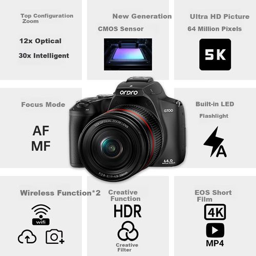 Cámara digital ORDRO G700 Zoom óptico 12x 64MP 4K