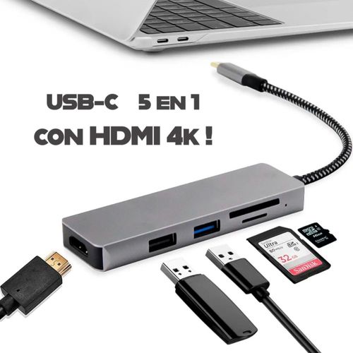 Hub Adaptador USB Tipo C 5 en 1 | HDMI 4K, 2 Puertos USB 3.0, Lector SD/Micro SD
