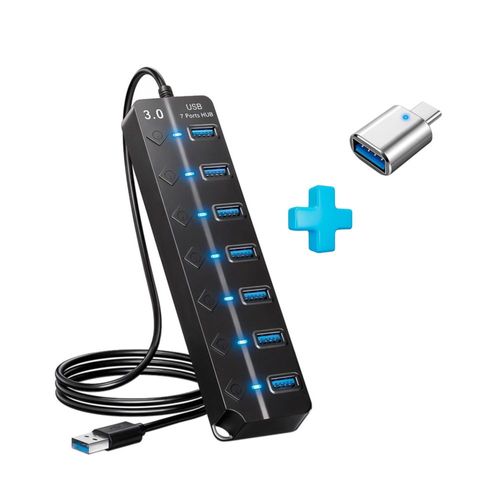 Hub USB 3.0, 7 Puertos con Interruptores, Cable 1.2M + Adaptador USB-C