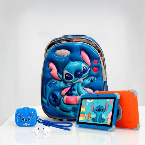 Combo Escolar de Stitch: Mochila de Stitch + Tablet Kidiby KT15 8GB/256GB + Audífonos Bluetooth estilo Air-Pods diseño Stitch