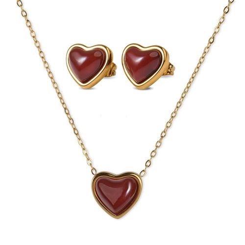 Set de joyería luckyly baño de oro 14k dije corazón piedra o cuarzo natual nadia rojo