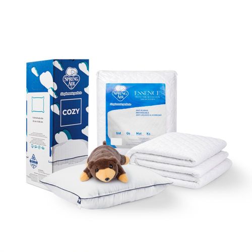 Combo Descanso Premium Spring Air: 1 Almohada Cozy + Protector Essence Individual + Oso Peluche