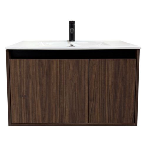 Mueble Para Baño Flotante A Muro 80x46x50cm Nogal Británico Negro Con Lavabo Cerámica Rectangular Monomando Negro
