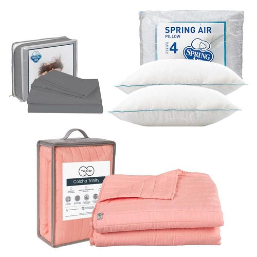 Colcha Acabado ultrasonico King Size Trinity Rosa+ Sabanas Basic Grey+ Almohada Osos 2 RGH