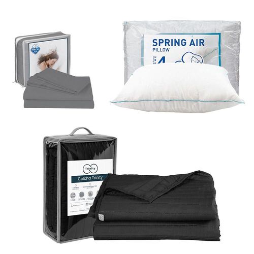 Colcha Acabado ultrasonico Individual Trinity Negro+ Sabanas Basic Grey+ Almohada Osos RGH