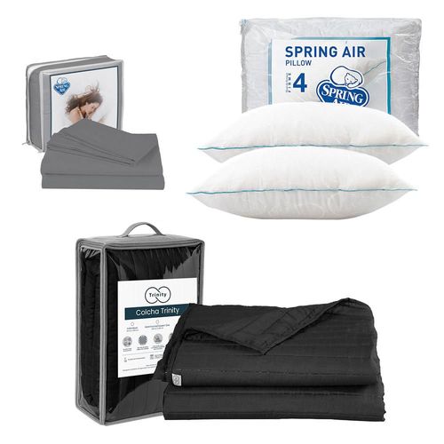 Colcha Acabado ultrasonico Queen Size Trinity Negro+ Sabanas Basic Grey+ Almohada Osos 2 RGH