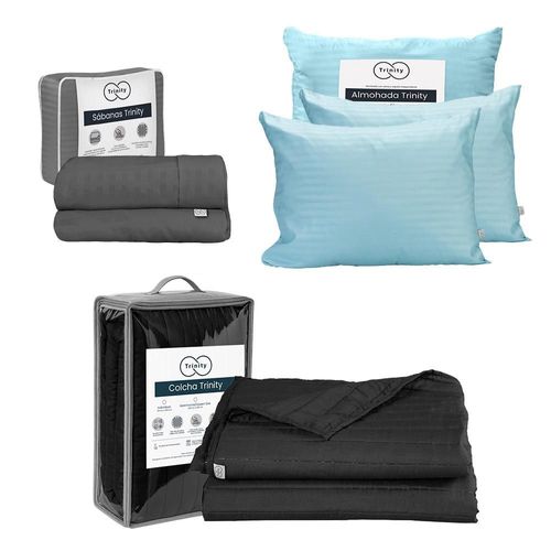 Colcha Acabado ultrasonico Matrimonial Trinity Negro+ Sabanas Trinity Gris+ Almohada Trinity 2 RGH