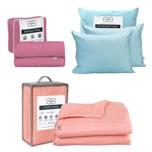 Colcha Acabado ultrasonico Queen Size Trinity Rosa+ Sabanas Trinity Rosa+ Almohada Trinity 2 RGH