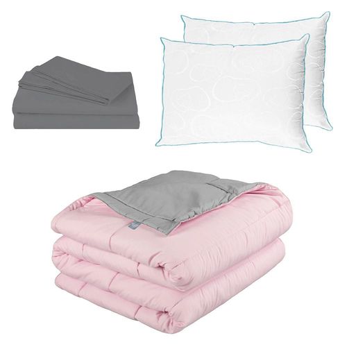 Edredon dos vistas Queen Size Rogga  Rosa-Gris+ Sabanas Basic Gris+ Almohada Osos 2 RGH