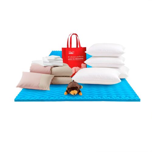 Master Suite Atlas Queen Size: Colchoneta 5 Zonas QS + Set Bed In A Box Rosa + 4 Almohadas + Oso