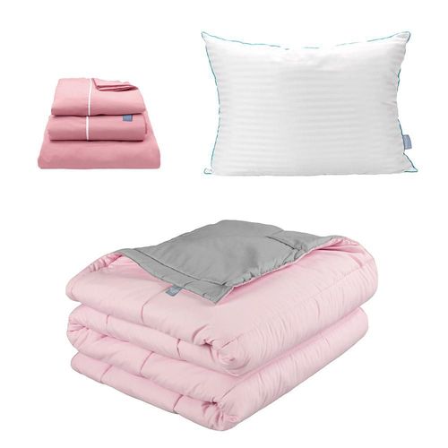 Edredon dos vistas Individual Rogga Rosa-Gris+ Sabanas Royal Rosa+ Almohada Royal RGH