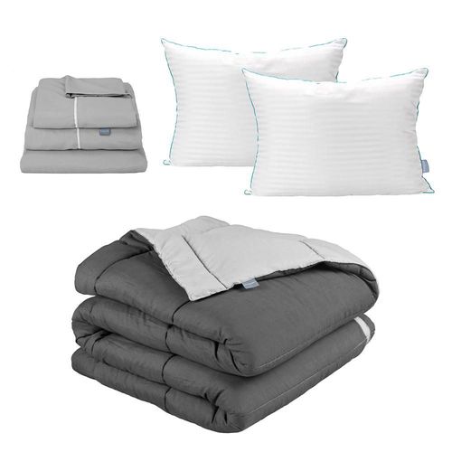 Edredon dos vistas Queen Size Rogga Gris Oscuro-Gris+ Sabanas Royal Gris+ Almohada Royal Twin RGH